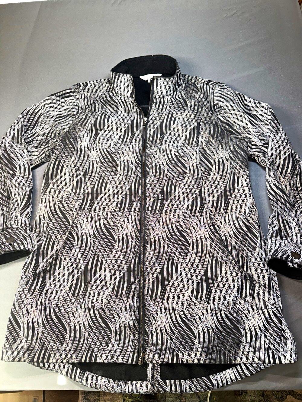 Coldwater Creek Women’s Black/White Abstract Full Zip Jacket Pockets L